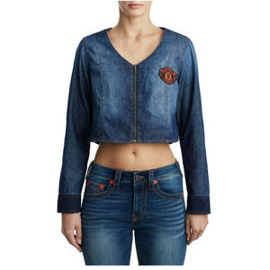 True Religion Women's Cropped Zip Up Denim Blouse
